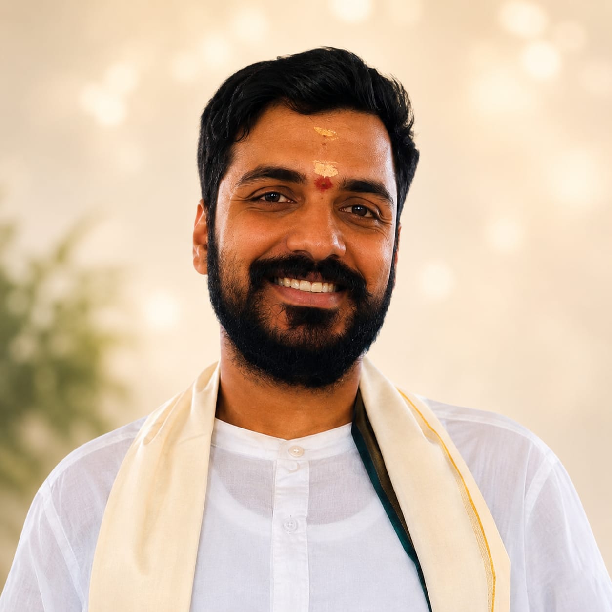 A singer from a bhajan evening, smiling, in white